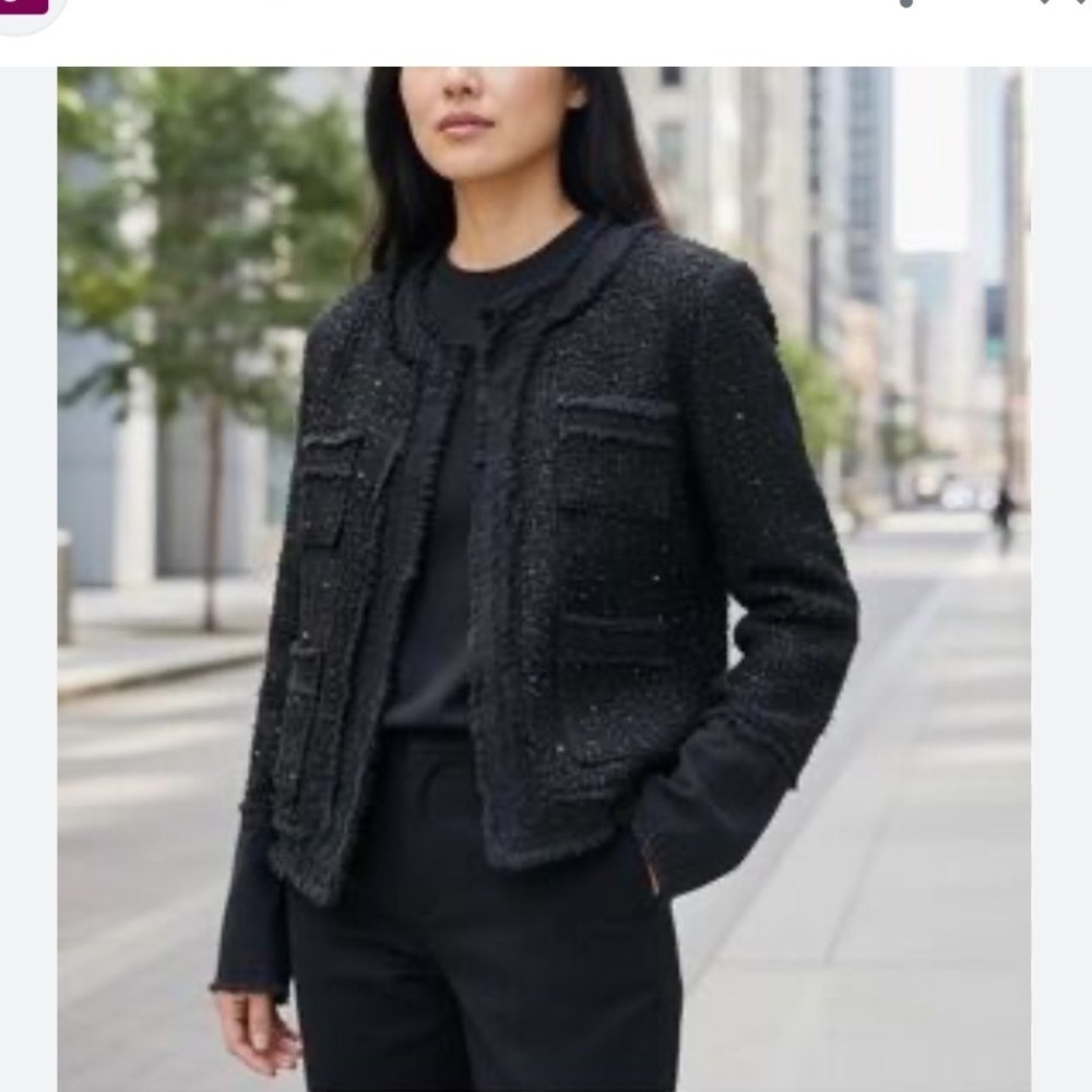 Nanette Lepore Black Sequin Tweed Denim Trim Jacket 3J4F17T29 NWT